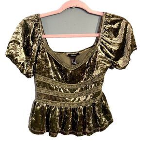Y2K Forever 21 Babydoll Crushed‎ Velvet Lace Crop Top S Green Whimsigoth Fairy